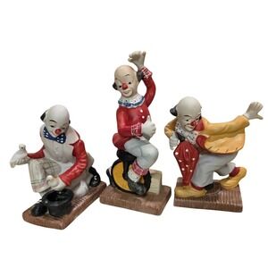 Lot Of 3 VINTAGE CERAMIC HAPPY CLOWN Unicycle, Dove, Umbrella, Hand Painted 6-8"